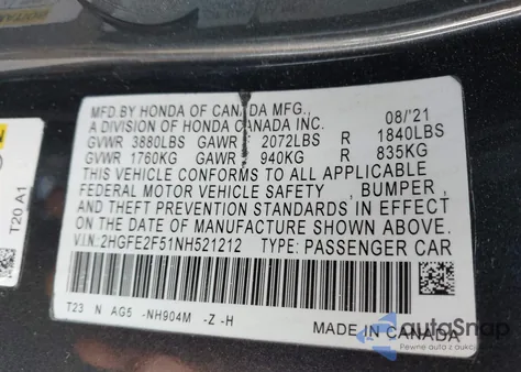 2022 Honda Civic Sport from USA, damaged, VIN 2HGFE2F51NH521212